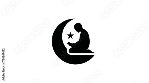 Islamic prayer symbol icon with kneeling worshipper silhouette, crescent moon and star, spiritual devotion and faith.