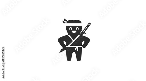 Smiling cartoon tooth ninja mascot holding a katana sword, symbolizing dental health, protection, and strength for oral care concepts.