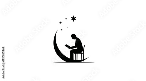 Silhouette of a person sitting on a crescent moon, engrossed in reading a book under a starry night sky, symbolizing knowledge, dreams, and education.