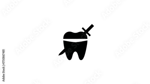 Vector icon of a stylized tooth pierced by a dagger, symbolizing dental pain, toothache, oral discomfort, or a dental problem.