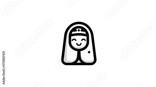 Minimalist black and white vector icon of a smiling girl with a head covering and crown. Simple line art character illustration with a cute and innocent expression, representing purity, royalty, or jo
