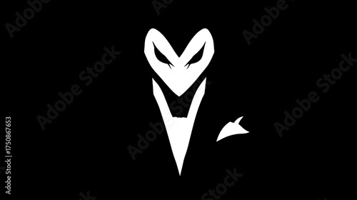 Abstract Stylized Grinning Face Icon in Black and White, Mysterious Theatrical Character Mask Vector Art for Design Elements