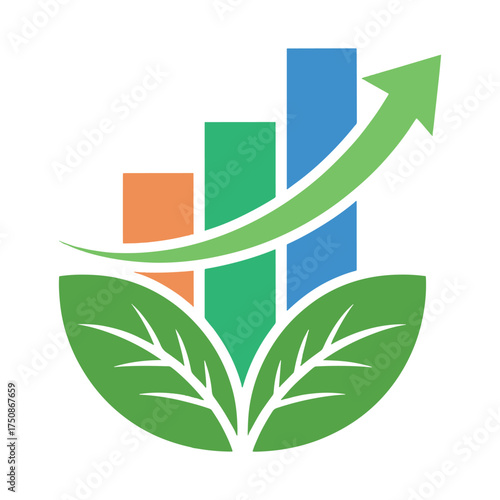 Green leaves and rising bar chart with upward arrow graphic growth finance