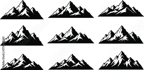 Minimalist mountain range illustrations, black and white nature art, sharp peaks, snow-covered summits, outdoor design, rugged terrain, alpine landscape graphics