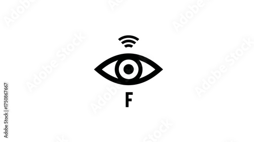 Futuristic eye icon with wireless signal above and initial letter F, symbolizing vision, connectivity, data, and digital communication.
