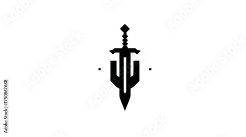 Modern minimalist black sword icon design. Sharp geometric stylized weapon symbol. Concept of strength, fantasy, gaming, or protection.