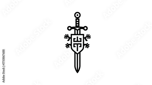 Elegant Sword and Shield Vector Icon - Classic Medieval Heraldic Emblem Symbolizing Strength, Protection, and Valor Line Art