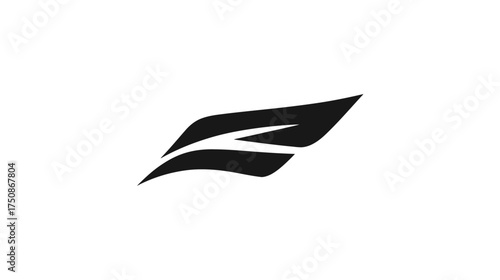 Modern abstract black stylized wing shape icon. Dynamic swift-like graphic design element on white, minimalist symbol.