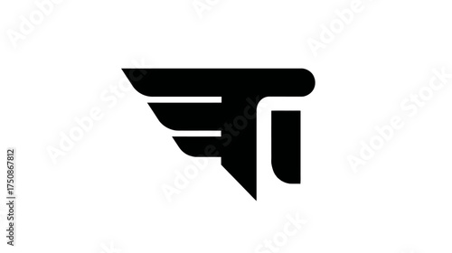 Modern abstract black graphic logo design concept with stylized letter T and sleek wing element on white background.