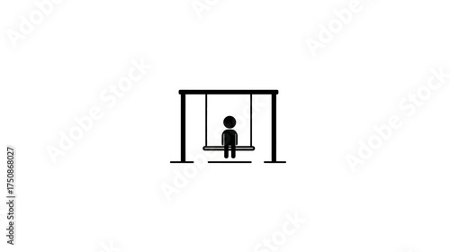 Minimalist graphic of a lonely person sitting on a swing, depicting solitude, contemplation, and childhood sadness in a simple icon style
