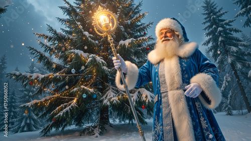 Father Frost, wearing a richly decorated blue fur robe and white fur hat, holding a glowing golden staff, stands near a large decorated Christmas tree with lights and toys in a snowy winter forest at 