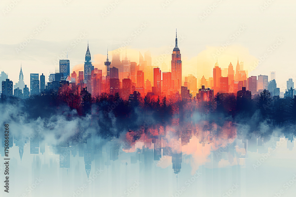 Fototapeta premium A dreamy watercolor-style cityscape at sunrise with soft pastel hues.