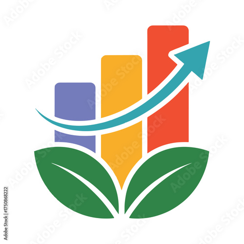 Green leaves chart bars with upward arrow and swoosh growth finance