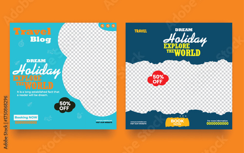 Travel and Tourism Business Marketing Banner. Holidays Tours and Travels Advertising Social Media Posts. Explore the World ads Template Square poster flyer bundle design.                              