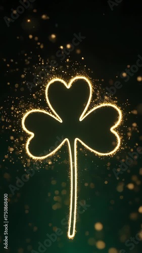 An enchanting seamless loop where golden particles form a glowing four-leaf clover. A beautiful animation symbolizing the creation of luck for St. Patrick's Day.
