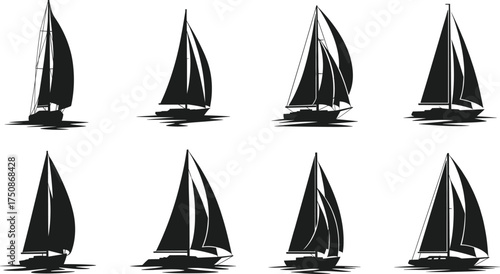 Sailboat silhouettes on water, nautical vector illustration, black and white sailing icons, maritime design elements, ocean travel clipart set