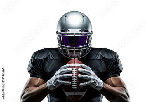 A muscular football player holding the ball in front of his body, with a focused expression on his face. The player is wearing a helmet and gear, ready for the game