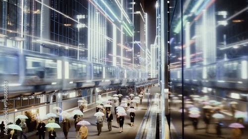 A futuristic megacity where light trails move faster than the human eye. The camera follows a translucent train gliding through glowing skyscrapers made of glass and energy.