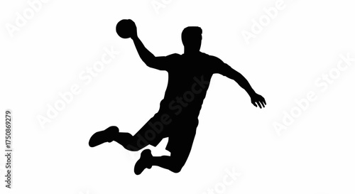 Dynamic handball player silhouette leaping and throwing ball with power action