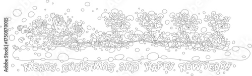 Santa Claus with holiday gifts riding in his magic sleigh with a team of flying reindeers through heavy snowstorm and snowdrifts on a snowy night before Christmas, vector cartoon illustration