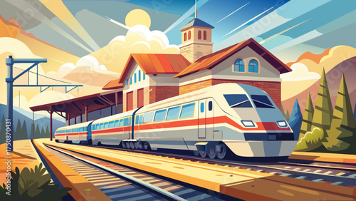 Very beautiful Amtrak train standing at a small-town station, bright sunlight over clean tracks, and nostalgic travel feeling evoking freedom and journey.
