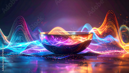 Abstract composition of glowing sound waves surrounding a crystal bowl, symbolizing energy, vibration, and frequency healing. Neon colors flow dynamically, evoking meditation, sound bath, and balance
