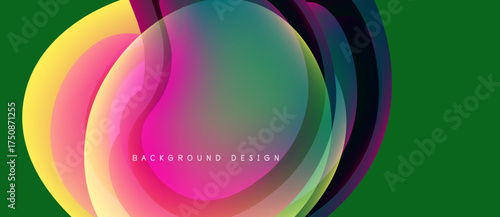 Abstract colorful layers overlap, creating dynamic visual effect. Green background complements vibrant shapes, modern design element.