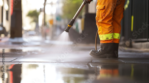 A worker wearing orange pants and black boots uses a pressure washer to clean a city street, with water spray visible and reflections on the wet surface.