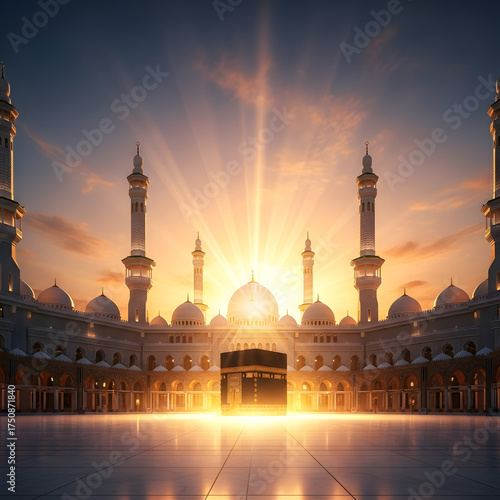 The holy kaaba in mecca, saudi arabia, with a sunrise in the background