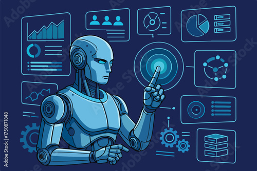 Advanced humanoid robot analyzing holographic interface in futuristic lab, vector illustration