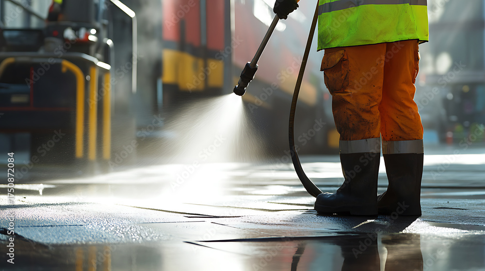 Obraz premium Street Cleaning in Progress: A worker uses a high-pressure washer on a city street, ensuring cleanliness and hygiene. Cleaning improves pedestrian safety and aesthetics.