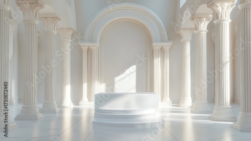 White platform in a classical colonnade with a sunlit backdrop for product display