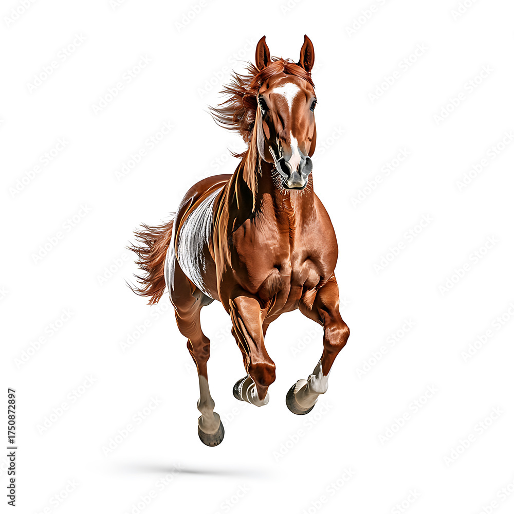 Obraz premium Stunning photograph of brown horse running gracefully, showcasing its strength and beauty in motion. horse mane flows elegantly as it gallops