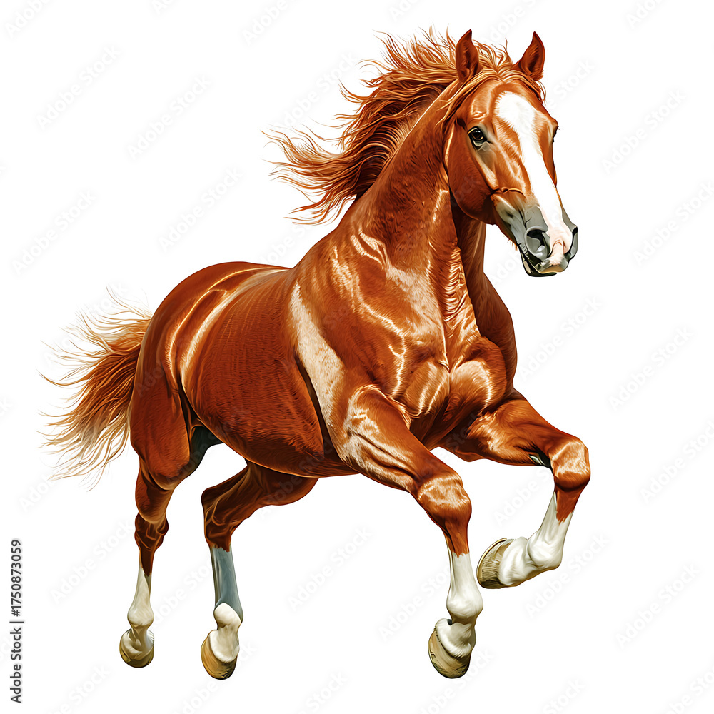 Naklejka premium Stunning photograph of brown horse running gracefully, showcasing its powerful physique and flowing mane. horse exudes energy and vitality