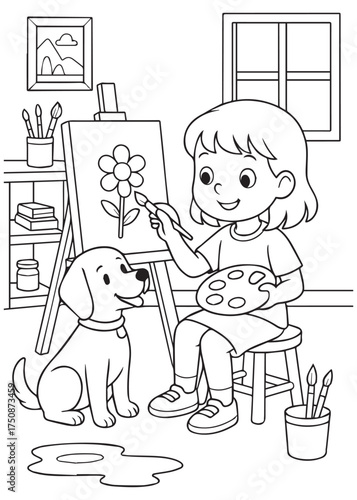 coloring book girl painting picture with puppy nearby