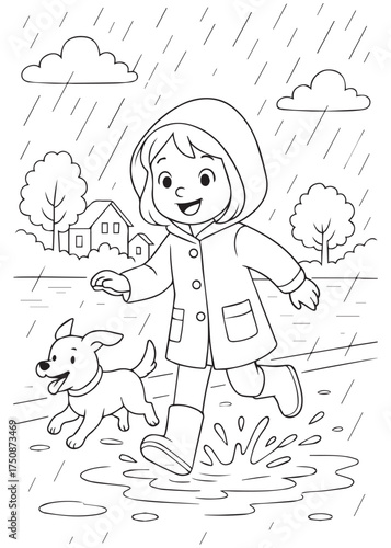 coloring book girl playing in rain with puppy puddle