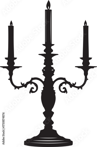 Black and white vector illustration of ornate three-armed candelabrum with lit candles and vintage base