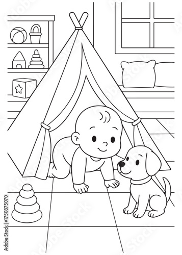coloring book baby crawling from tent with puppy in playroom