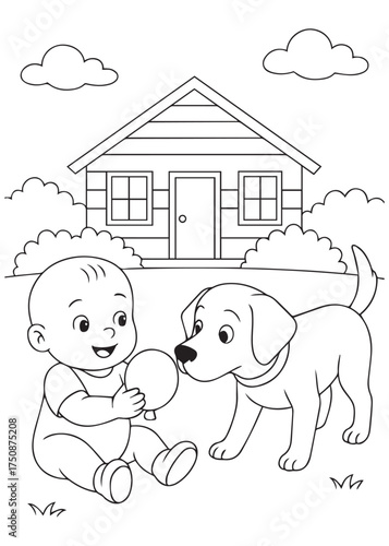 coloring book baby sitting outside with puppy near house