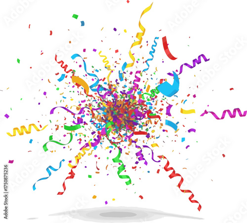 Create a kinds of deferent 3d render of colorful confetti flying. vector art with white background.