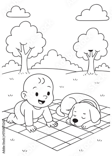 coloring book baby lying on blanket with sleeping puppy in park