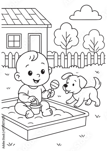 coloring book baby playing in sandbox with puppy outside