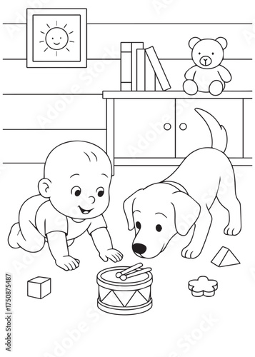 coloring book baby and puppy drumming on toy drum