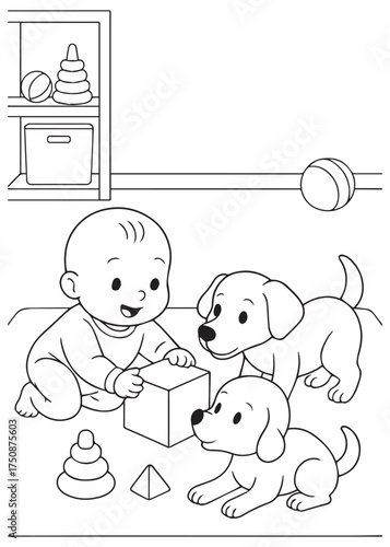 coloring book baby stacking blocks with two puppy at side