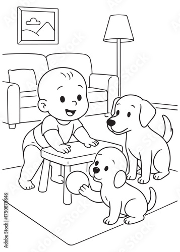 coloring book baby try to stand and two puppies playing in living room
