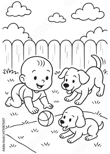 coloring book baby crawling with puppy chasing ball in yard