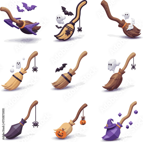 Create a kinds of deferent 3d render of wich broom icon,with halloween season. vector art with white background.