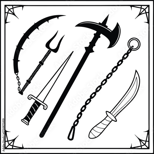 Black and white medieval weapons and armor illustration