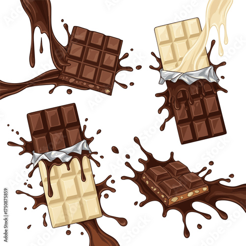 Create a kinds of deferent chocolate splashed with chocolate bar vector art with white background.