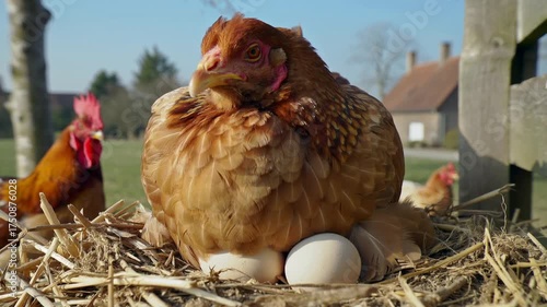 Hen sitting on eggs in a nest under bright sunny sky  